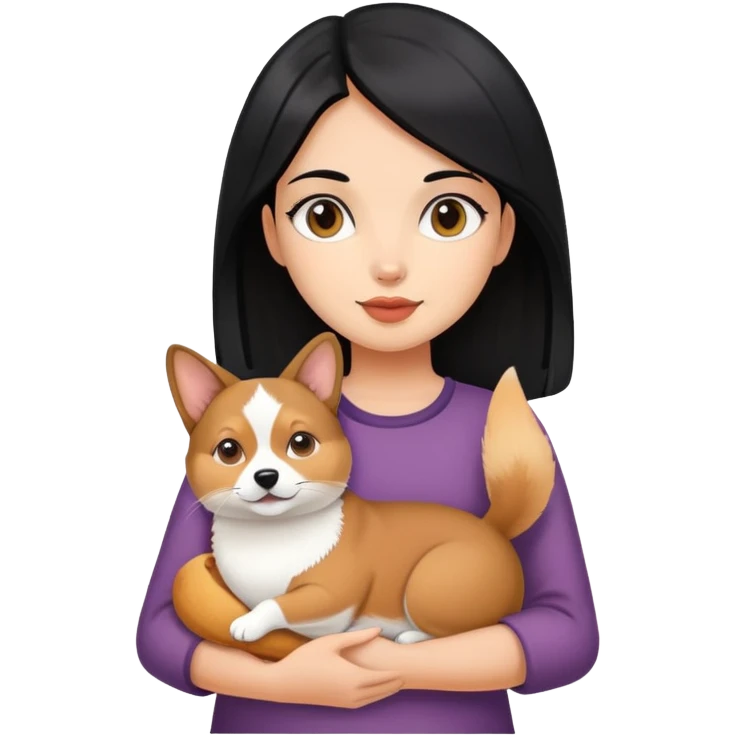 The girl with black hair is holding a Abyssinian cat and a Corgi. emoji