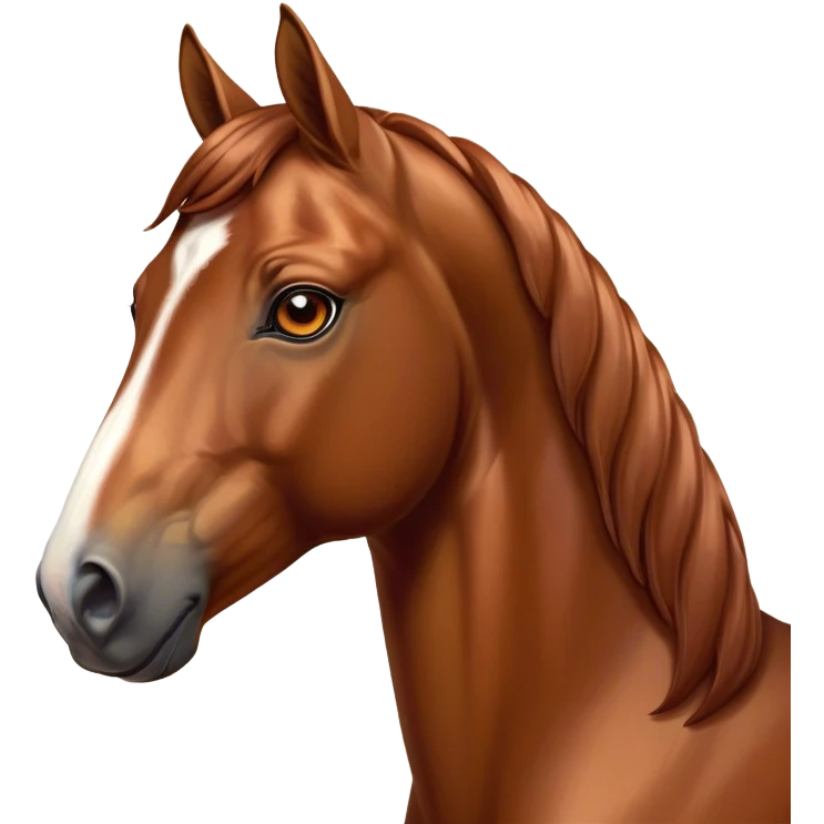 Cinematic Noble Chestnut Horse Portrait Emoji, Poised and regal, with a strong, athletic build and a lustrous, well-groomed chestnut fur, deep-set soulful amber eyes, Simplified yet sharp and sophisticated features, highly detailed, glowing with a warm, dignified glow, high shine, intelligent and majestic, stylized with an air of equine elegance, focused and attentive, soft glowing outline, capturing the essence of a watchful and confident steed, so majestic it feels as though it could gallop out of the screen with effortless authority! emoji