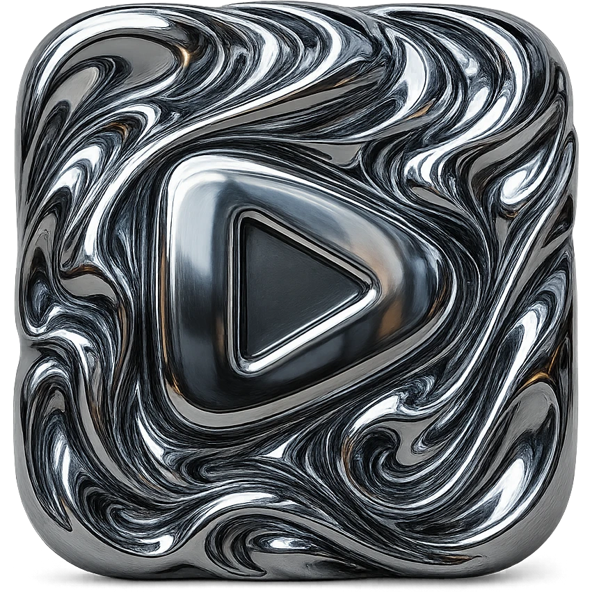 abstract chrome play button with swirling metallic forms and luminous effect emoji