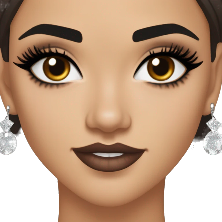 Maddy Perez euphoria show: warm brown eyes, bold black sharp eyeliner, sparkly rhinestones on eyes, dark arched brows, full nude-berry lips, light skin, high cheekbones, sleek dark brown long straight hair in ponytail.

 emoji