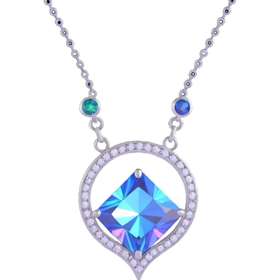 Y2K pendant with round cut holographic diamond, silver setting, blue sapphire accent, visible chain, iridescent and neon details, playful Y2K shapes emoji