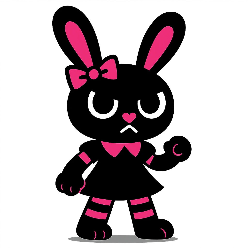 gothic bunny with black and pink colors, striped stockings, heart-shaped nose, vibrant toon style emoji