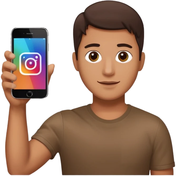 A man in frontal view holding up one iPhone toward the camera. The screen of the iPhone clearly displays the Instagram logo, brightly illuminated.  emoji