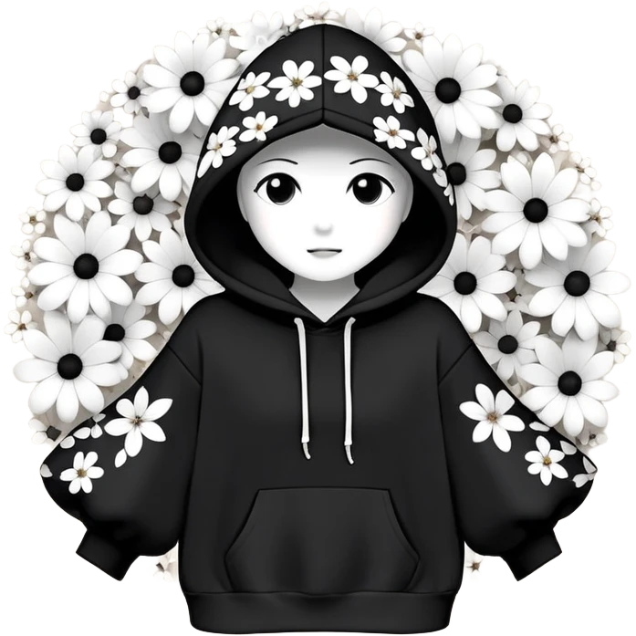"Generate a black hoodie with scattered medium-sized black and white flowers. Each flower should have a bold, thick white ring as petals with a completely hollow center, creating an open, circular appearance. The flowers should be irregularly shaped, not symmetrical, and spread across the hoodie, including the sleeves and hood. Avoid detailed petals, shading, or filled centers—just simple, bold, hollow ring-like floral patterns emoji