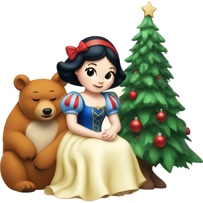 Disney Snow White sitting with fox and bear with a Christmas tree emoji