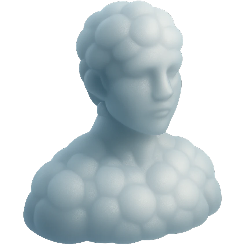 person looking straight, composed entirely of white fluffy convex clouds, shoulders up, matte glass style emoji