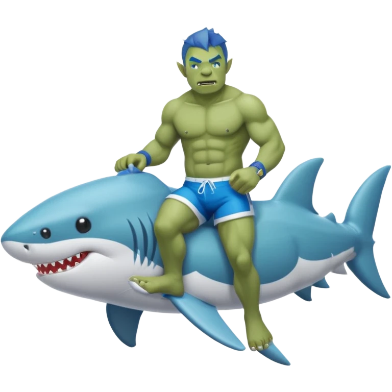 An orc male on an inflatable circle in the form of a shark emoji