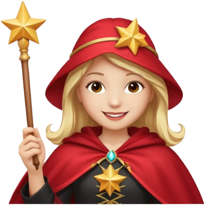 young girl magician with a cape and magic wand smiling emoji