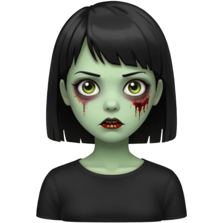 Zombie girl emoji verde com cabelo curto liso preto no ombro e franja na altura da sobrancelha com uma blusa preta emoji