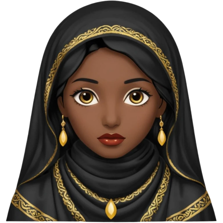 Apariencia: Mujer joven, morena, de gran belleza y porte misterioso.
-Rostro: Ojos grandes y negros, mirada intensa y fija; labios marcados.
-Cabello: Negro, largo y brillante, suele ir cubierto parcialmente por un velo o pañuelo oriental. emoji