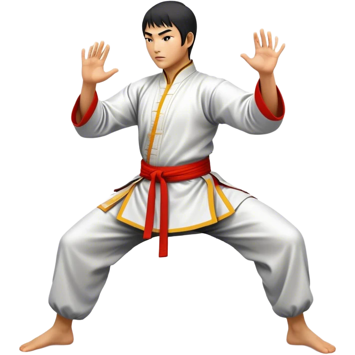 Cinematic Realistic Kung Fu Action Emoji, depicted as an epic martial arts scene with a master executing a precise move in traditional attire, rendered with fluid motion and vibrant textures under dramatic high-contrast lighting. emoji