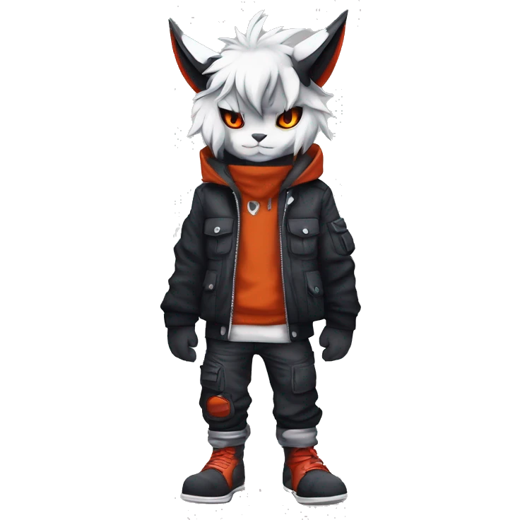 Cool Anthro Absol-Litten-Lynx-Pokémon with edgy stripes hoodie spiked collar punk techwear Cargo Pants Full Body emoji
