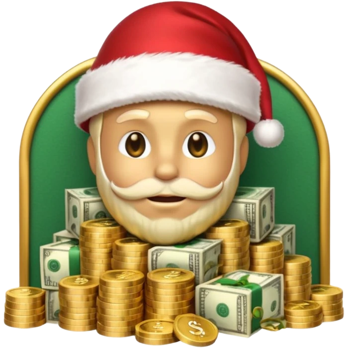 A confident rich emoji face wearing a Santa hat, money stacks, casino vibe, New Year theme, premium 3D emoji style, sharp details, no text, isolated on transparent background emoji