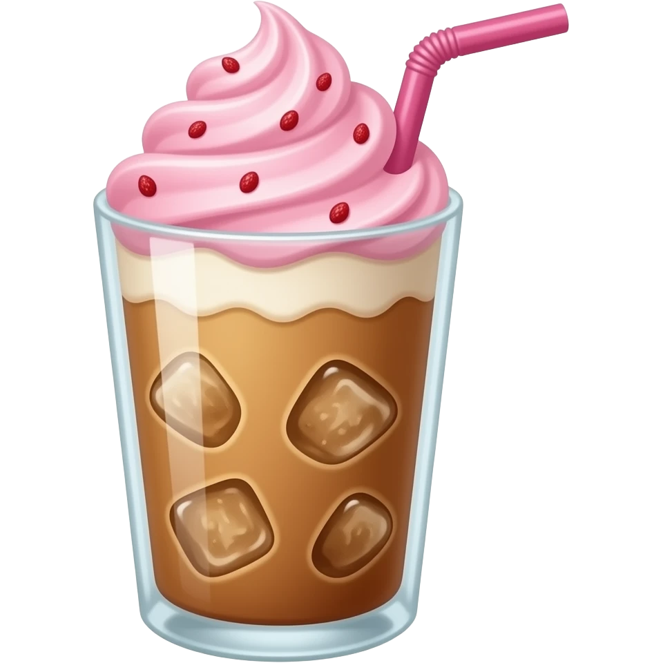 Iced caramel latte with pink strawberry whipped cream and pink straw emoji