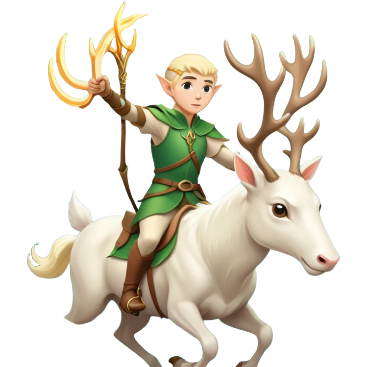 clash-of-clans-aesthetic-blond-male elf-archer-portrait-emoji, rendered in a flat, vector-style with minimal shading and bold, simplified shapes, head tilted slightly forward with a determined, focused expression, riding a majestic white stag whose antlers glow with mystical energy, set against an ancient, enchanted forest backdrop. emoji