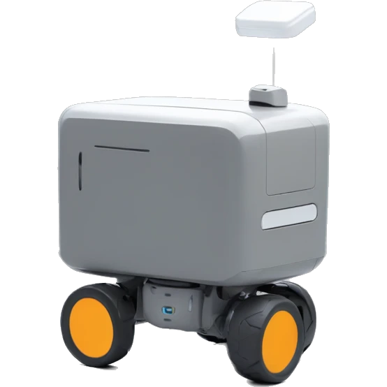 solid horizontal rectangle gray delivery robot with white circle white led eyes and opening lid on 4 wheels, minimalistic design, only rectangle emoji