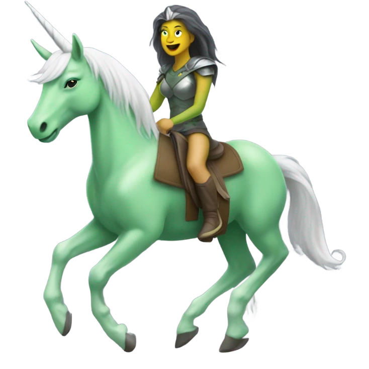 a green amazon alien woman on a grey white unicorn emoji