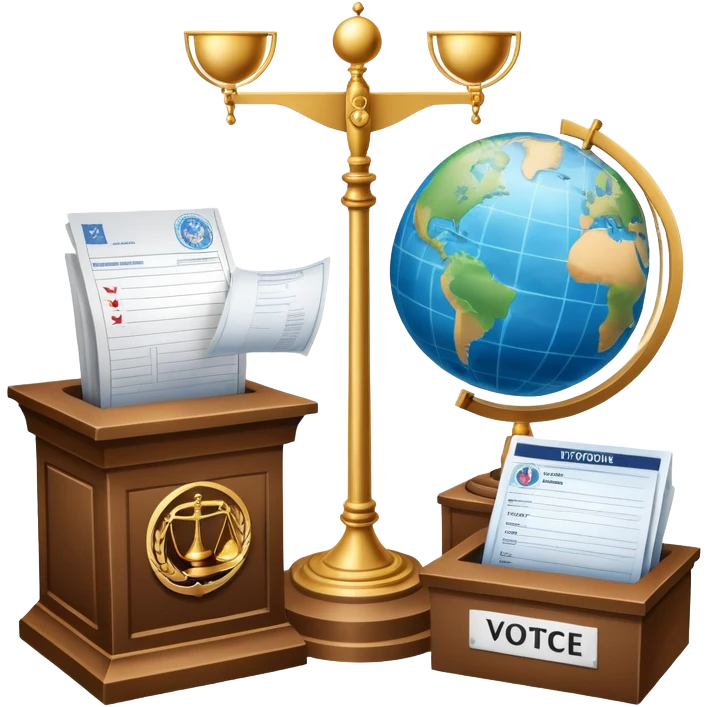 An icon featuring a podium with a speaker, a ballot box with a voting slip, and a globe, symbolizing political science. The design includes scales of justice and a world map in the background, representing governance and global politics. Transparent background highlights political analysis. emoji