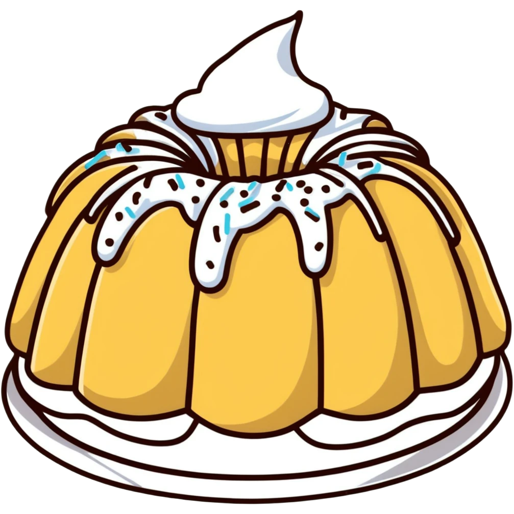 vanilla bundt cake with chocolate frosting and white sprinkles emoji
