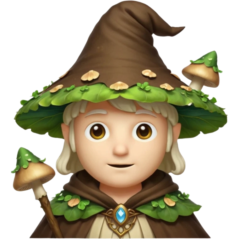 mushroom wizard portrait, head and shoulders only, glowing spores, leafy cloak collar, magical eyes, cute fantasy style, 3D cartoon, mobile game icon style, clean background, no text, no watermark

 emoji