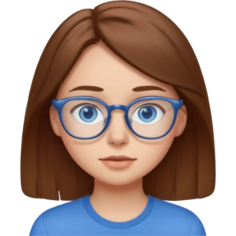 a brown haired girl with blue eyes and glasses with blue shirt that says crush emoji