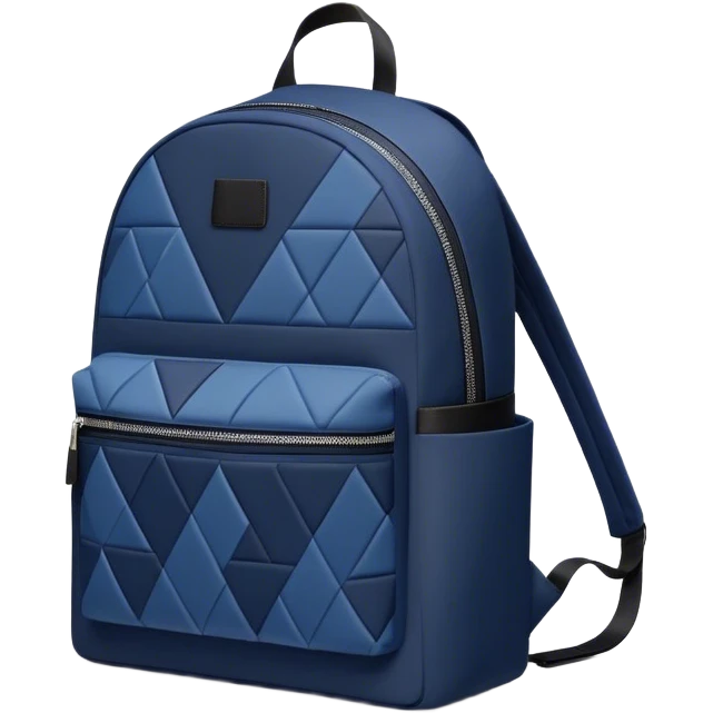 A stylish backpack, medium-sized, with a modern design in navy blue and black. It features a geometric pattern of subtle triangles across the front pocket, giving it a sleek yet dynamic look emoji