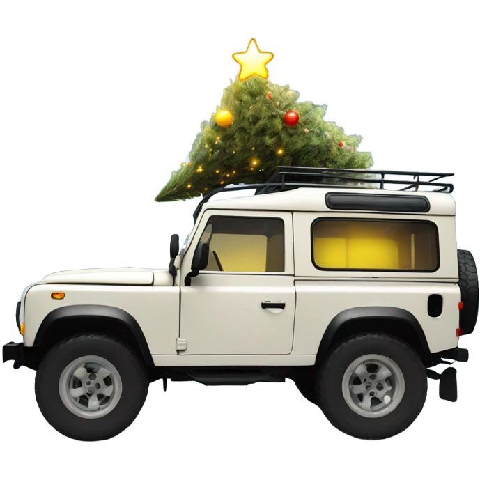 Side picture Off white old defender jeep with Christmas tree on the roof with Christmas lights, very small yellow lights  emoji
