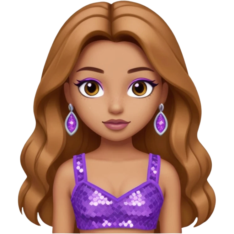 Yasmin from Bratz with long light brown hair, tan skin, brown eyes, lilac sequin crop top emoji