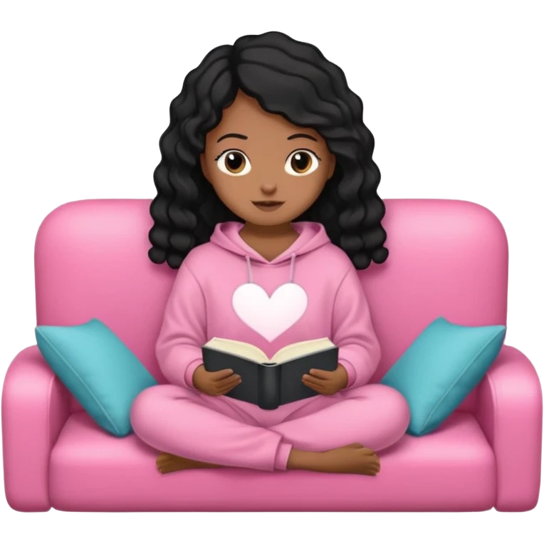 Una chica linda de cabello negro con ondas hasta los hombros de piel blanca con una sudadera rosa en un sofá cómodo y hermoso leyendo la biblia emoji
