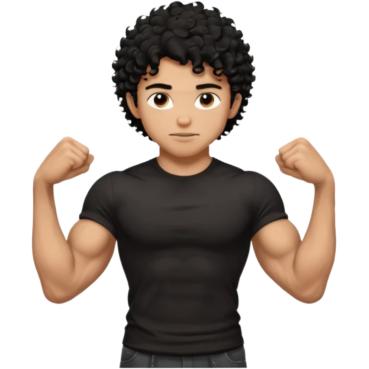 muscular teen boy with veiny hands arms and biceps. has messy black curly hair with dark-tan skintone with black tshirt emoji