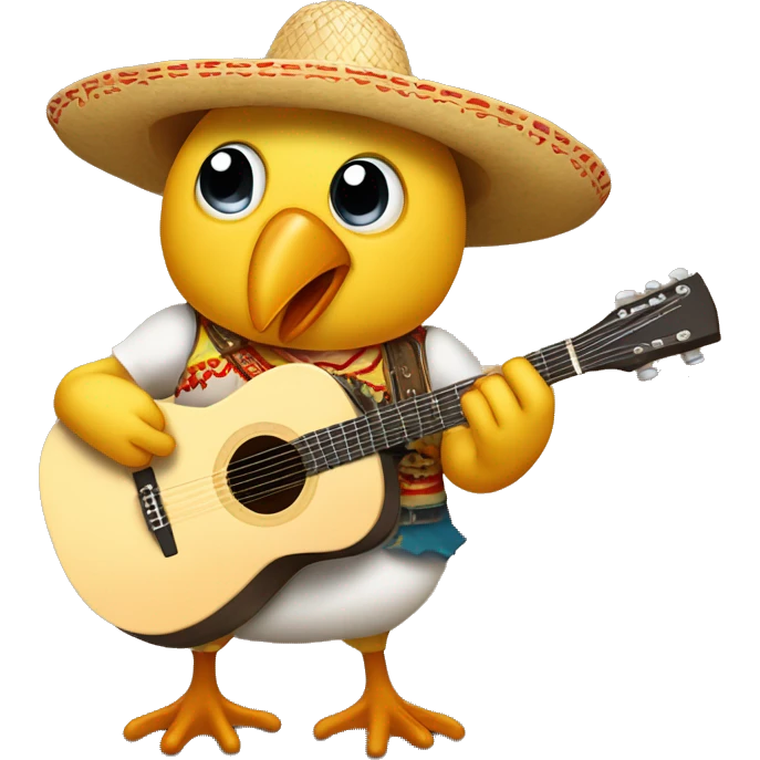 pollito tocando una canción con un sombrero de paja  y una guitrra emoji
