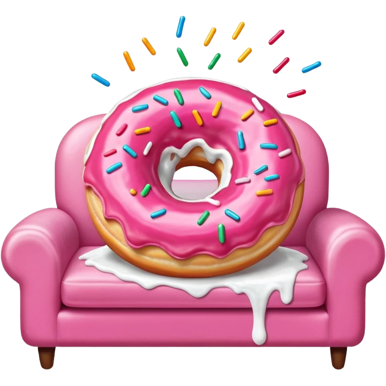 White icing running through a pink donuts hole spilling out onto a couch to make a sticky mess emoji