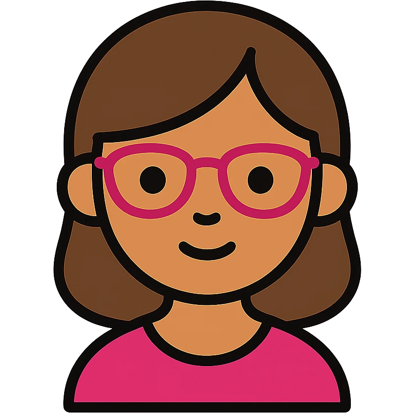 girl with medium brown hair and brown eyes, wearing pink glasses, simple flat icon style emoji