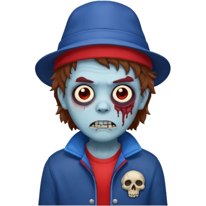 brown fluffy hair zombie with blue and white hat dark blue jilet red t shirt emoji