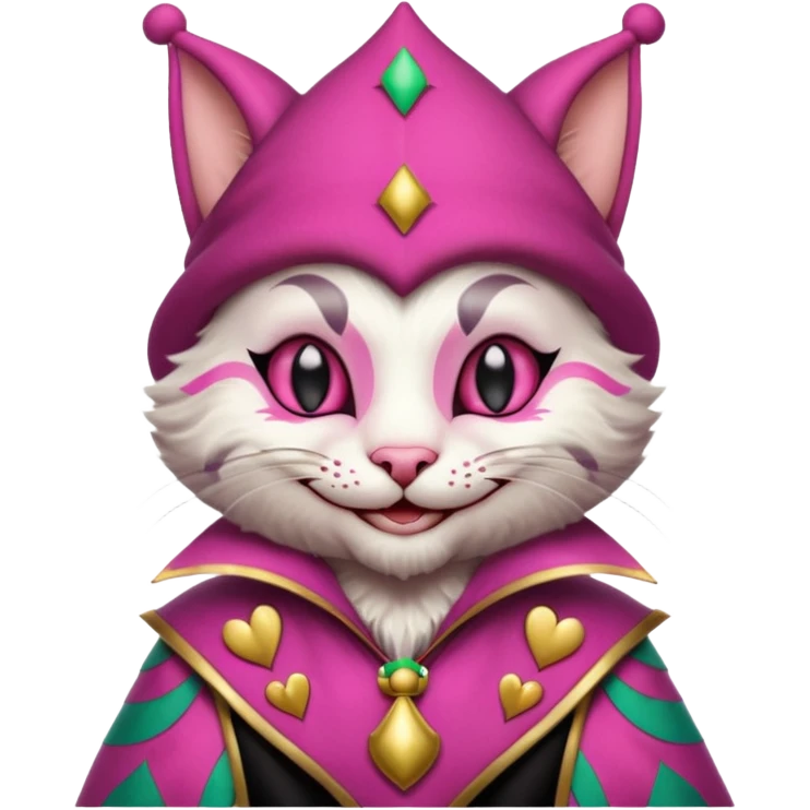 court jester cat medieval, single poker card joker clearly visible, pink, face only emoji
