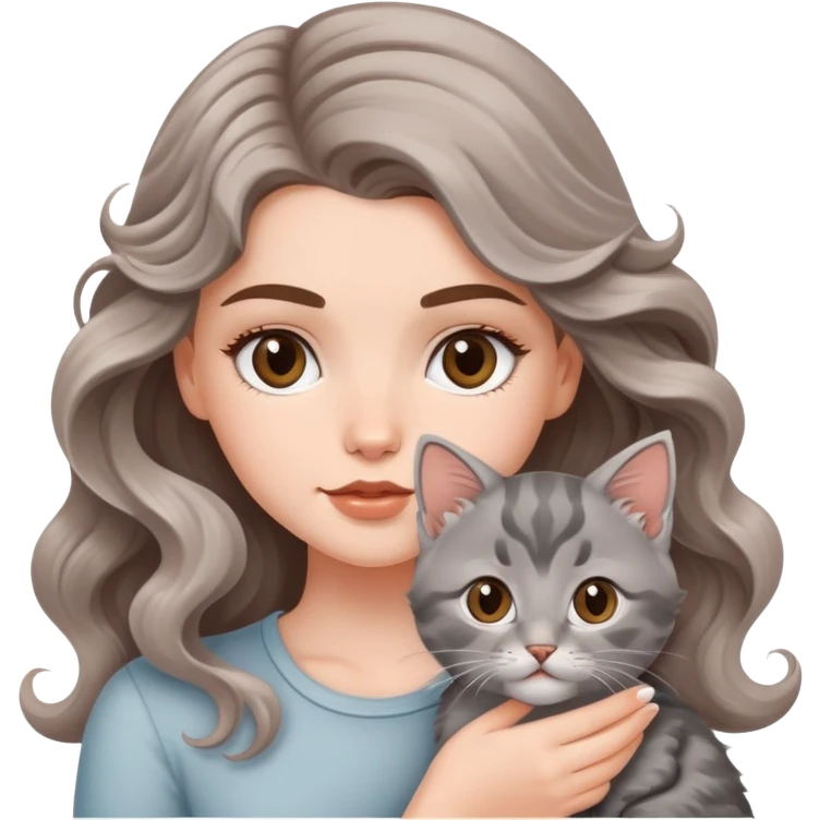 A beautiful  white girl with big brown waves and  a gray kitten and tococo emoji