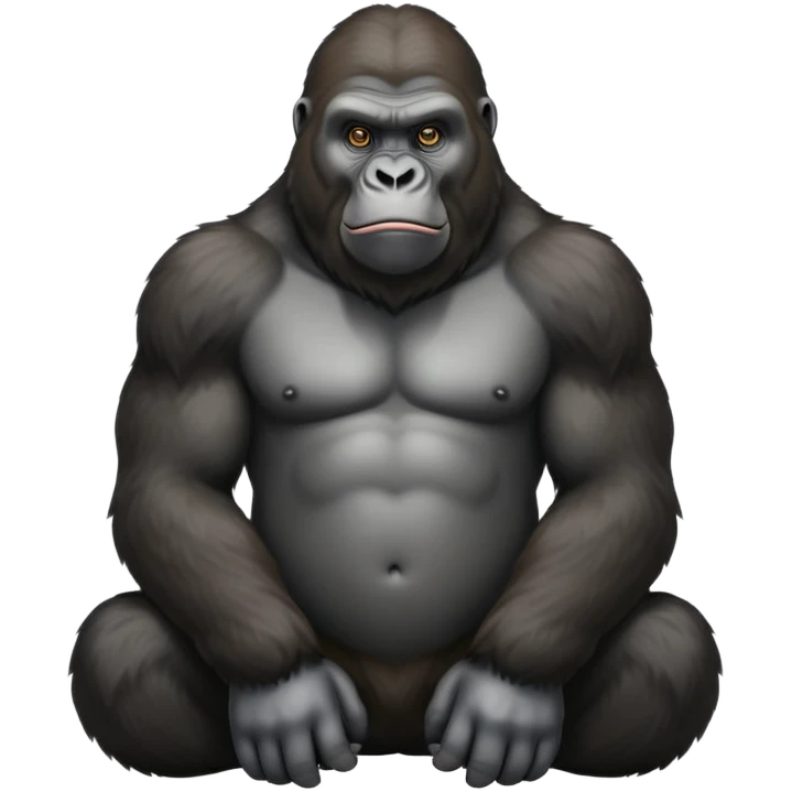 cinematic-silverback gorilla-realistic-full-body-sitting-emoji,-exuding-strength,-thick-dark-fur-in-the-light,-head-tilted-dramatically,-deep-dark-eyes-filled-with-intense-intelligence,-simplified-yet-realistic-focused-features,-highly-detailed,-glowing-with-an-almost-sarcastic-glow emoji