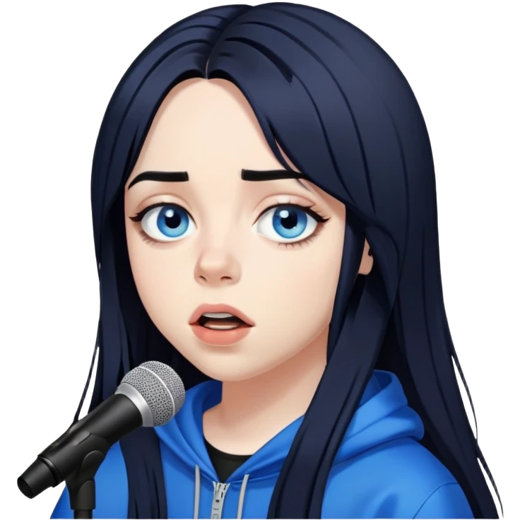 billie eilish long black hair blue eyes dark eyeliner makeup, singing emoji