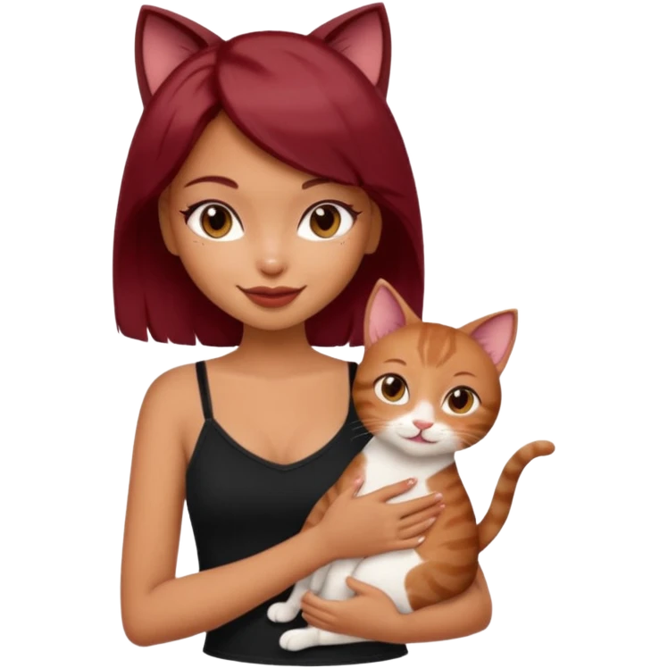generate a pretty bratz girl with short dark red hair holding a cat smiling. Wearing a black cami emoji