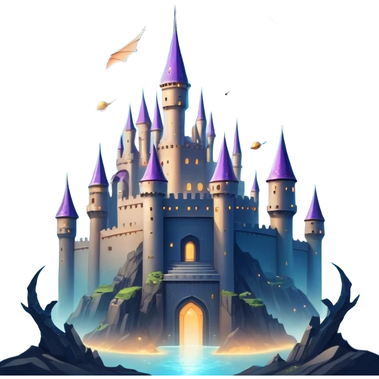 Icon for Fantasy and Sci-Fi Movies: A magical collage with flying dragons. futuristic spaceships and UFOs. Stars and planets shimmer in the background with a mystical castle Hogvards an ancient wizard and robots. The atmosphere is epic, otherworldly and adventurous. Transparent background. emoji