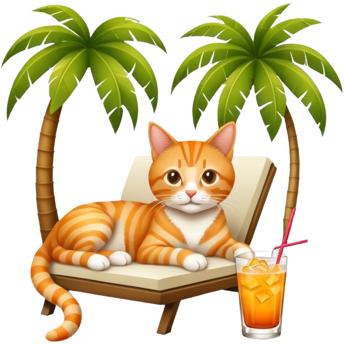 Orange tabby cat lounging under a palm tree with a mai tai tropical drink emoji