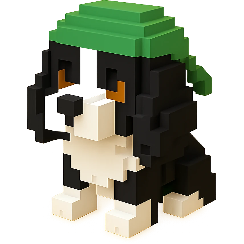A black and white Russian Cocker Spaniel puppy wearing a green durag, voxel style, standing emoji