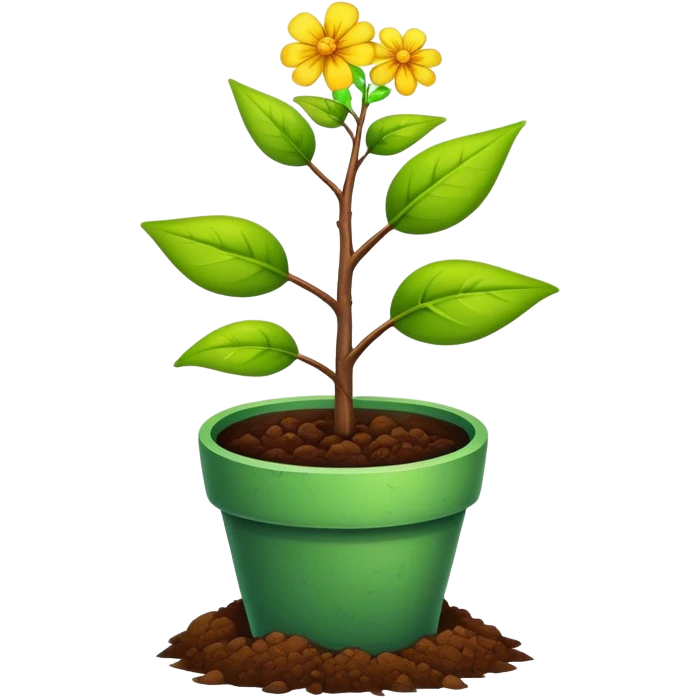 Close-up of a potted sapling with vibrant flowering plants around it, in rich soil. Sunlight filters through the window, casting soft shadows. Cozy indoor garden with blooming flowers, succulents, and gardening tools placed neatly on a wooden table. emoji