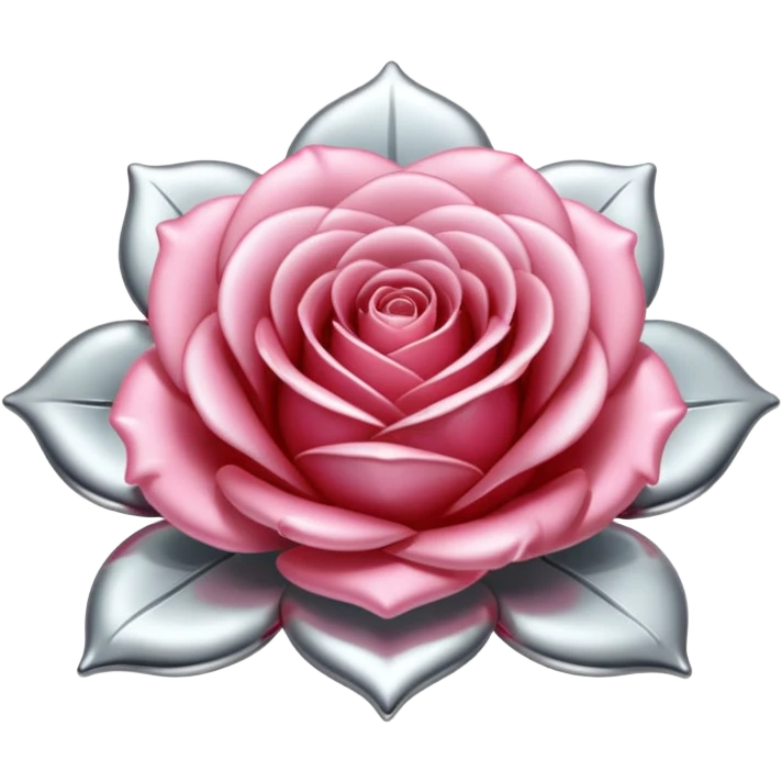 A rose emoji made of liquid silver metal, smooth metallic petals, reflective chrome surface, soft gradients, elegant shape, minimalistic iOS emoji style, centered, clean white background, realistic highlights, no text emoji