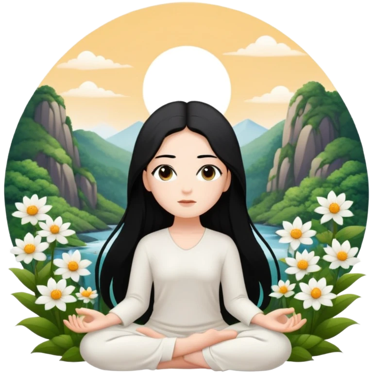 crea un chica blanca con cabello negro largo bonita de ojos marrones vestida de blanco conectando con la naturaleza rodeada de flores meditando  emoji