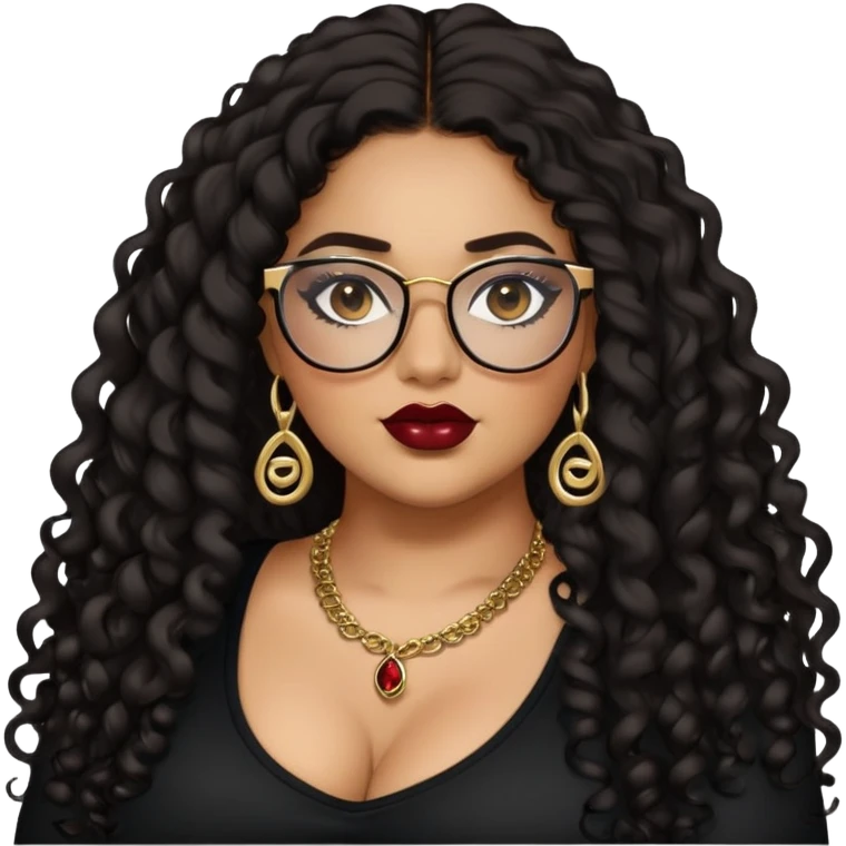 teen big plus size, latina, darker tan skin, gold jewelry, long black curly hair, baddie,pretty, makeup, dark red lipgloss, black eyeliner, long hair, black top, black glasses emoji