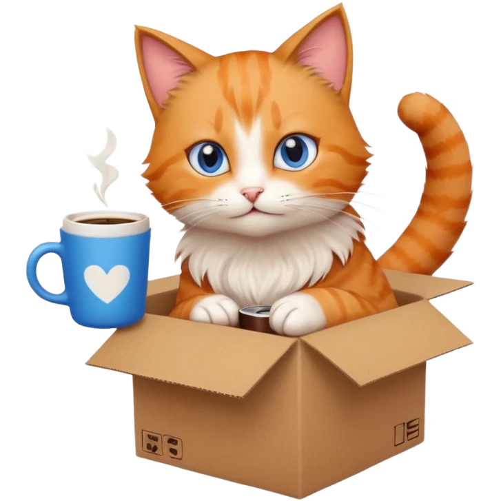 anime character cat that is orange cat, that its body is inside of a brown box. cats eyes are blue , but head is howing up. coffee cup is white emoji