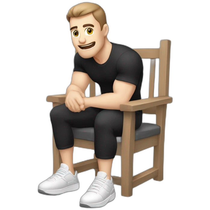 Pale skinned Fit Man With the biceps and dark brown hair in black shirt, gray sports shorts and white Sneakers Sitting on a chair emoji