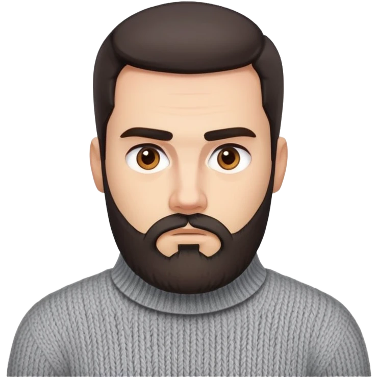 Man with square face, trimmed full beard, thick eyebrows, short dark hair combed back. Serious-neutral expression. Light gray thick knit sweater with folded collar. emoji