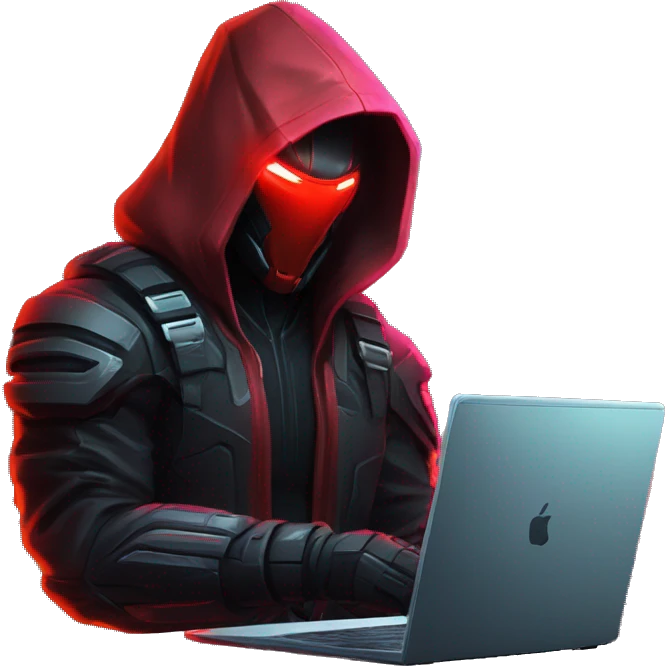 developer behind his laptop with this style : crysis Cyberpunk Riot Games Valorant neon glowing bright red character red dark black hooded assassin themed character emoji